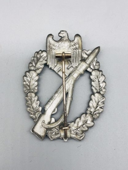Early Infantry Assault Badge Silver By B.H. Mayer, Reverse Hollow Back, with vertical pin back catch