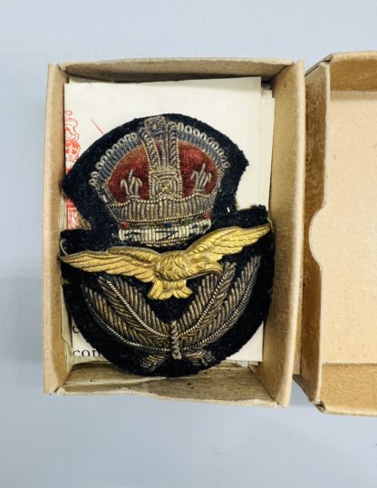 RAF WW2 Officer's Bullion Service Dress Peak Cap Badge, in medal box