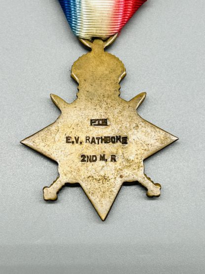 A British 1914-1915 Star Medal, reverse image marked Private E.V. Rathbone
