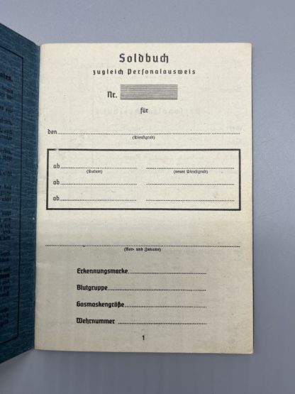Luftwaffe Soldbuch Unissued, inside cover