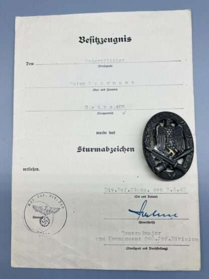 WW2 Heer General Assault Badge with certificate.