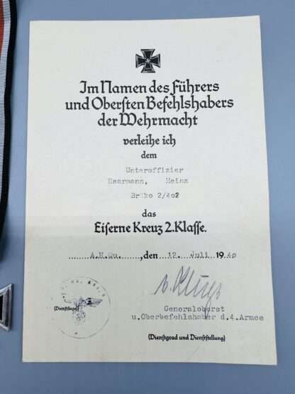 WW2 German Iron Cross EK2 Certificate.
