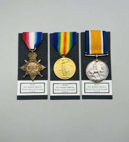 A Great War Trio Set of Medals Awarded To PTE R Martin RS FUS reverse image.