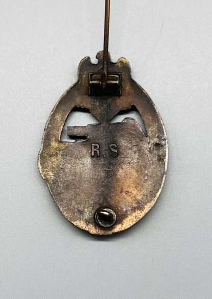 A WW2 German Panzer Assault Badge Bronze, reverse image with R.S markers mark for Rudolf Souval.