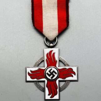 A WW2 German Fire Brigade Honour Cross 2nd Class Medal, constructed in silvered bronze with white and red enamel.   The medal depicts a Geneva-style cross in white enamel with sylised red enamel flames with a mobile swastika in the centre in black enamel, with black, red, and white ribbon.