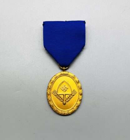 A WW2 German RAD Long Service Medal 1st Class 25 Years constructed in bronze with gilt finish with blue ribbon, oval shaped. The obverse of the medal depicts the the RAD logo in mint condition.