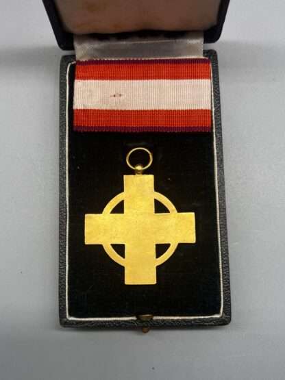A Fire Brigade Honour Cross 1st Class Medal in presentation case, reverse image blank with no makers mark with period ribbon.