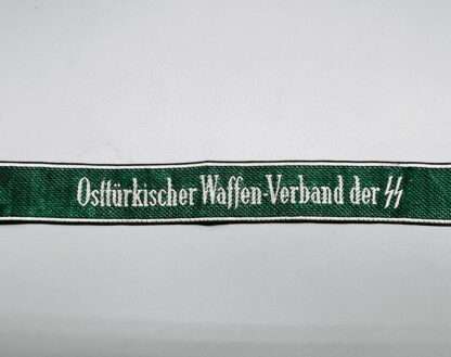 A Osttürkischer Waffen-Verband der SS Cuff title, bevo woven in white on green backing with black and white.