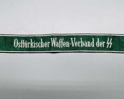 A Osttürkischer Waffen-Verband der SS Cuff title, bevo woven in white on green backing with black and white trim.