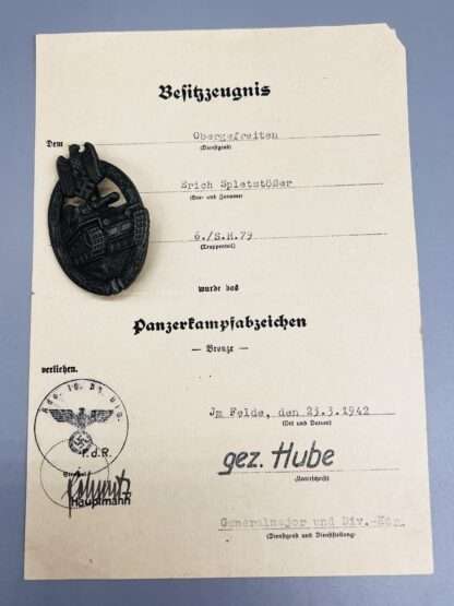 A Panzer Assault Badge Bronze with citation signed by General Hube.