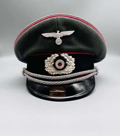 A WW2 German Army (Heer) Panzer Officers Visor Cap with insignia, with bullion chin strap.