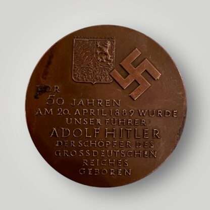 Reverse image of a scarce Adolf Hitler 50th Birthday celebration medal.