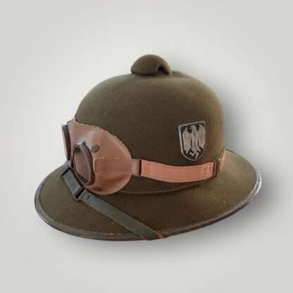 A WW2 German Heer (Army) Afrika Korp pith helmet 2nd pattern, with dust goggles and Heer metal decal.