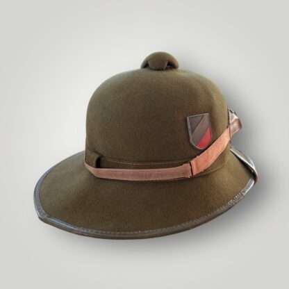 A WW2 German Heer (Army) Afrika Korp pith helmet 2nd pattern, with dust goggles, National tri-color shield.