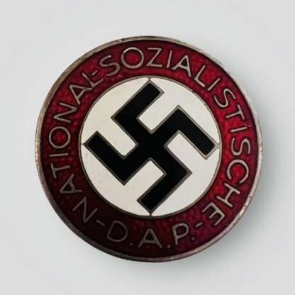 NSDAP Party Pin Badge M1/92, constructed in red, white, black, and gold enamel.