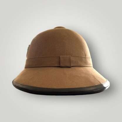 Rear image of a Heer captured tropical pith helmet, constructed in cork covered in khaki coloured cotton.