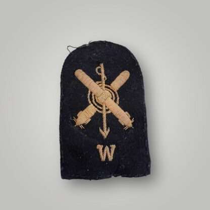 A Royal Navy WW2 Radio Underwater Weapon Rating trade badge, machine embrpiderd in gold on dark blue woo