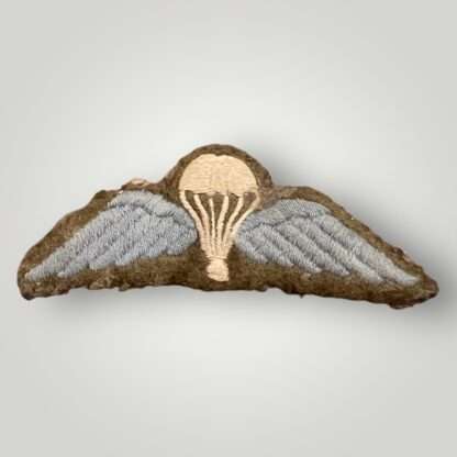 An original British Army Paratrooper WW2 jump wings, embroidered in white and sky blue thread uniform removed.