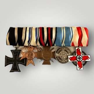 A WW1 German swing mounted medal bar consisting of the Iron Cross 2nd Class 1914, Bavarian Military Merit Cross 3rd Class, Honour Cross without swords 1914 – 1918 for combatants, Bavarian Military Long Service Award 3rd Class, complete with WW2 Fire Brigade Honour medal.