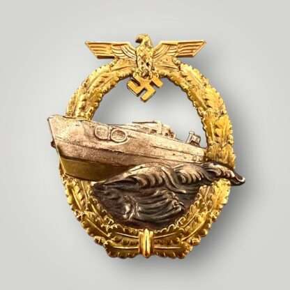 Original Kriegsmarine E-Boat Badge by Schwerin 2nd Pattern, constructed in zinc with nice gilt finish and patina.