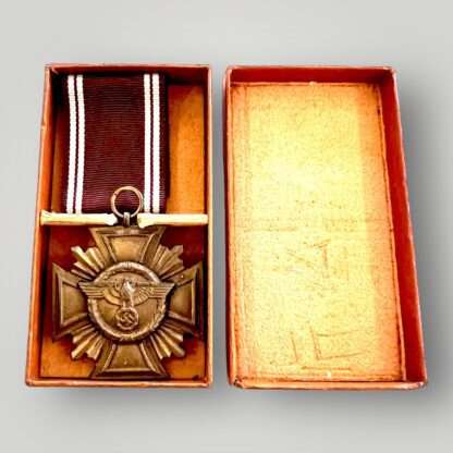 Original NSDAP Long Service Medal 10 Years with presentation box, constructed in zinc with original ribbon.