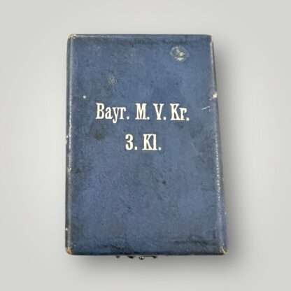 Blue presentation box for Bavarian Military Merit Cross 3rd Class With Swords, embosed Bayr. M. V. Kt. 3. Kl.