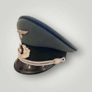 A side view of an Heer (Army) Medical Officer's visor cap by Clemens Wagner, constructed with grey-green felted doeskin.