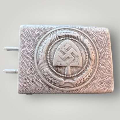 A RAD Belt & Buckle by Gustav Brehmer. Constructed in aluminium die struck. The obverse of the buckle bears a central raised Reichsarbeitsdienst (Reich Labour Service/RAD) insignia, situated within a circular wheat stalk wreath.