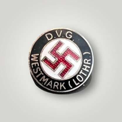 A DVG Westmark (Lothr.) By W.Redo Party Pin (Deutscher Volksgenossen Bund Mitgliedsabzeichen). Constructed in black, red, and white enamel