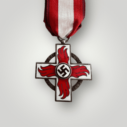 A Fire Brigade Honour Cross second class medal, constructed in silvered bronze with white and red enamel and original ribbon.