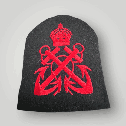 An orginal British WW2 Petty Officers Rank Cloth Badge, machine embroidered in red tread on dark blue wool.