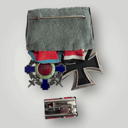 Reverse image of a German WW2 & Romanian Medal Group Court Mounted with an Iron Cross Ek2 and The Order of the Star of Romania, Knight, Type 2 and medal bar.