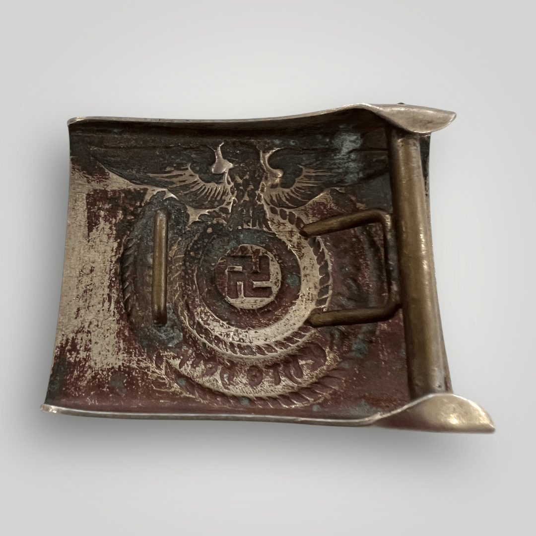 Reverse image of an early example of a rare Waffen-SS EM/NCOs belt buckle hammer-head variant, die struck in silver nickel circa 1931 - 1936.