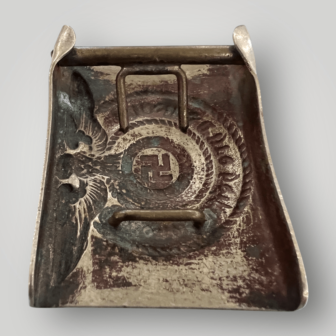 Reverse image of an early example of a rare Waffen-SS EM/NCOs belt buckle hammer-head variant, die struck in silver nickel circa 1931 - 1936, with c shapped prongs.