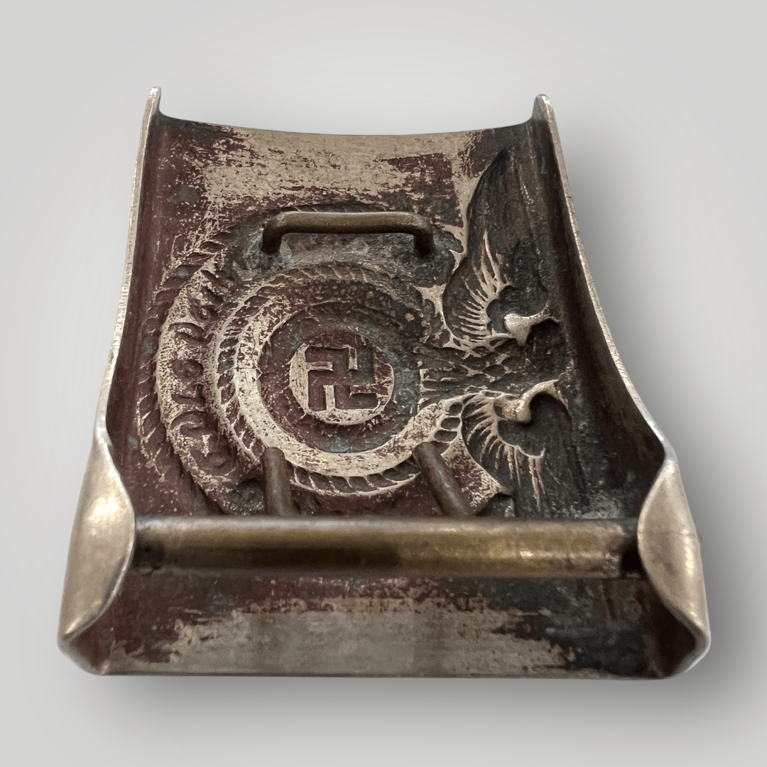 Reverse image of an early example of a rare Waffen-SS EM/NCOs belt buckle hammer-head variant, die struck in silver nickel circa 1931 - 1936, with c shapped prongs.