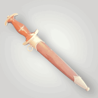 An early SA Dagger by C.&R. Linder, double-edged blade with nice nickel fittings.  The wooden grip handle is original, complete with crisp SA roundel and German Eagle nicely inlaid. The blade is in beautiful condition, with the SA motto etched "Alles für Deutschland" (Everything for Germany).  The reverse side of the blade is stamped with the C.&R. Linder logo.