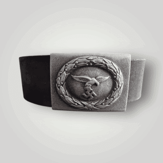 An early Luftwaffe belt and buckle with 'Droop Tail' Eagle dated 1937, die struck alluminium. The obverse of the buckle has the pre-war drop tail Luftwaffe eagle cluching a canted eagle surrounded laurel wreath with pebbled background