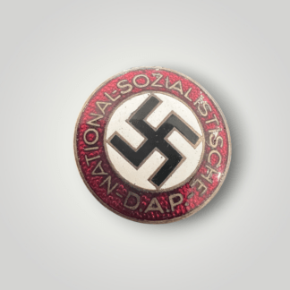 An original NSDAP Party Badge button hole by Fritz Zimmermann, constructed in white, red, black, and gold enamel.