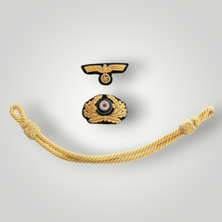 A beautiful set of Heer Generals cap insignia and bullion chin strap. The insignia hand embroidered in gold and silver bullion thread on a dark green woollen backing.