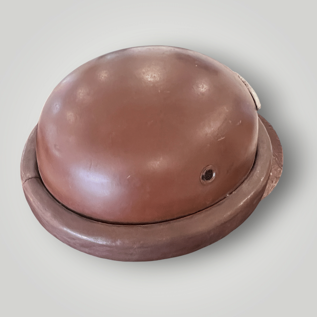 A genuine German WW2 Gendarmerie Police Motorcycle Helmet by Erel, constructed in fibreglass and brown leather.